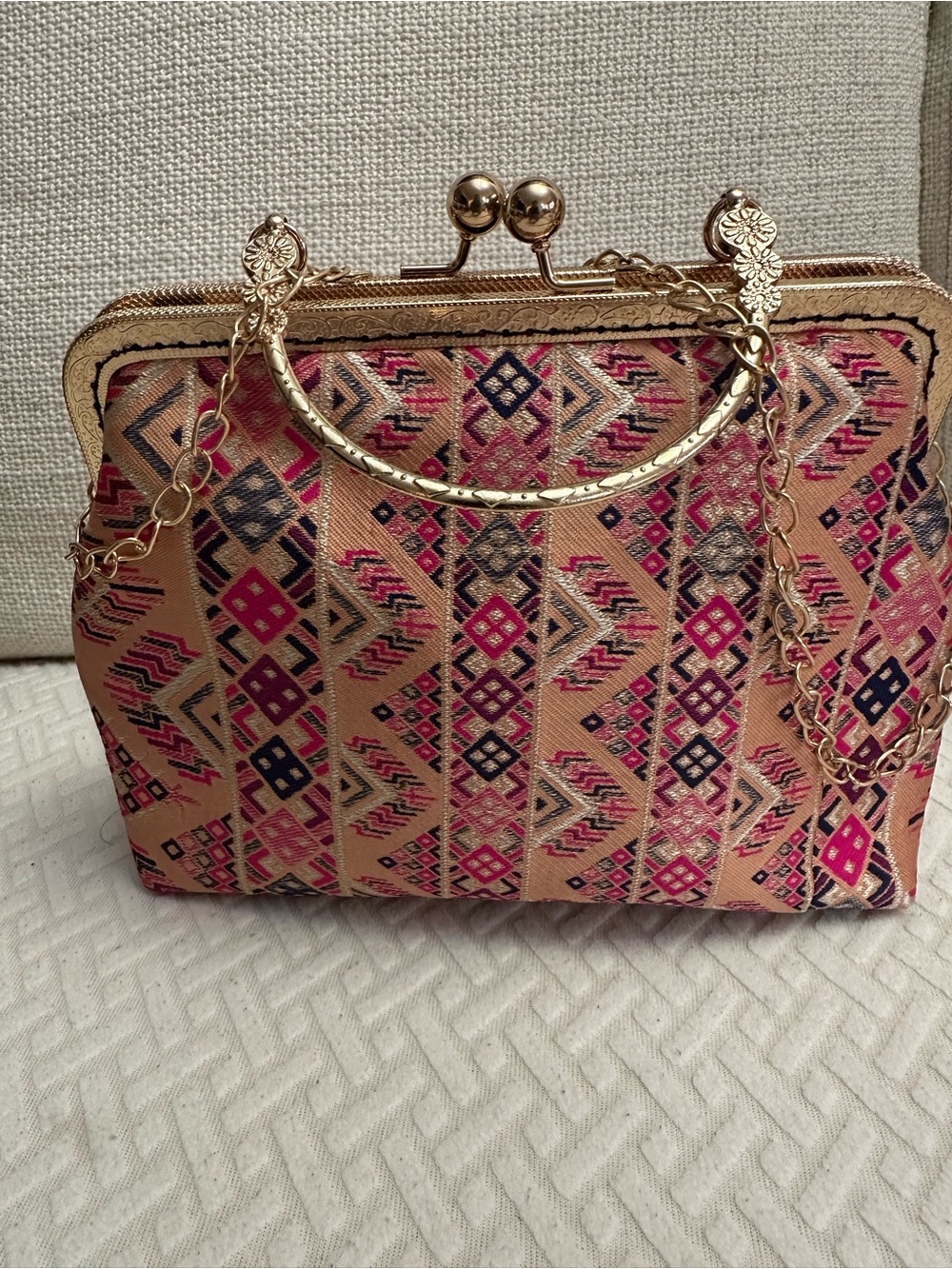 Gold-Accent Pink Patterned Women's Frame Handbag